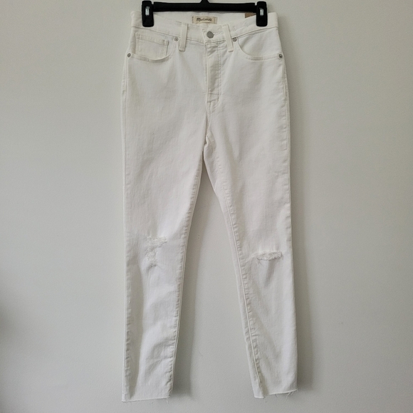 Madewell 9" High-Rise Skinny Crop Jeans in Pure White  Knee-Rip Edition Size 27 - Picture 1 of 16